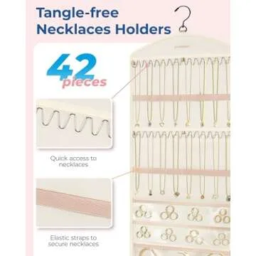 BAGSMART Hanging Jewelry Organizer with Hanger Metal Hooks Double-Sided Jewelry Holder for Organizing Earrings Necklaces Rings Perfect for in Hanging Closet, Wall, Door, 1 Piece, Large, Beige