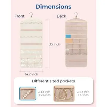 BAGSMART Hanging Jewelry Organizer with Hanger Metal Hooks Double-Sided Jewelry Holder for Organizing Earrings Necklaces Rings Perfect for in Hanging Closet, Wall, Door, 1 Piece, Large, Beige