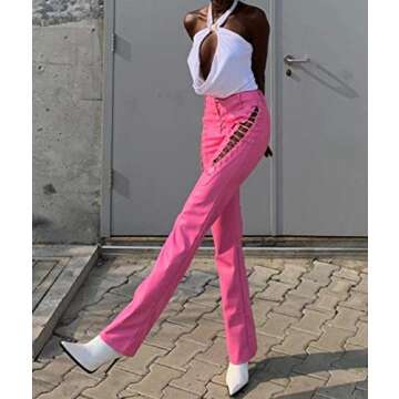 xxxiticat Women's Lace Up PU Leather Pants Chic High Waist Hollow Out Drawstring Bandage Cut Out Faux Leather Trousers(PI,M) Pink