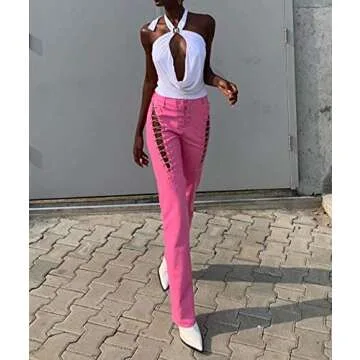 xxxiticat Women's Lace Up PU Leather Pants Chic High Waist Hollow Out Drawstring Bandage Cut Out Faux Leather Trousers(PI,M) Pink