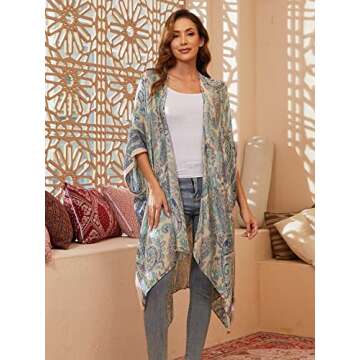 Moss Rose Women's Beach Cover up Swimsuit Kimono Cardigan with Bohemian Floral Print
