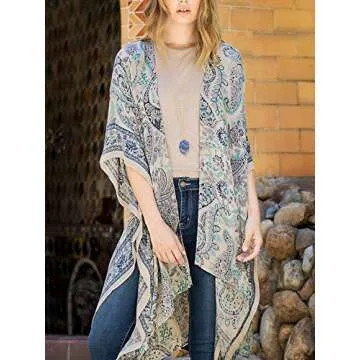 Moss Rose Women's Beach Cover up Swimsuit Kimono Cardigan with Bohemian Floral Print
