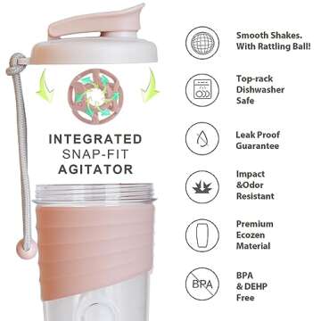 Kuoleopa Shaker Bottle - 24 oz Protein Mixer with Whisk Ball, Portable Pre Workout Drink Shaker Cup, Pink