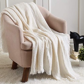 CREVENT Farmhouse Boho Knitted Throw Blanket for Couch Sofa Chair Bed Home Decoration, Soft Warm Coz...