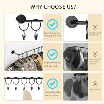 Viklluyr Hat Rack for Baseball Cap Hat Storage with 20 Hooks - Modern Metal Hat Organizer Wall Mount...