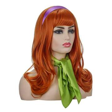 Qaccf Long Wavy Full Bang halloween Costume Women Wig with Purple Head bang and Green Scarf (Ginger)