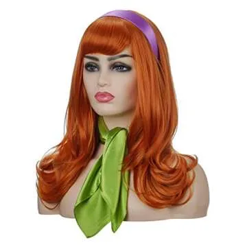 Qaccf Long Wavy Full Bang halloween Costume Women Wig with Purple Head bang and Green Scarf (Ginger)