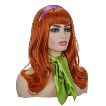 Qaccf Long Wavy Full Bang halloween Costume Women Wig with Purple Head bang and Green Scarf (Ginger)