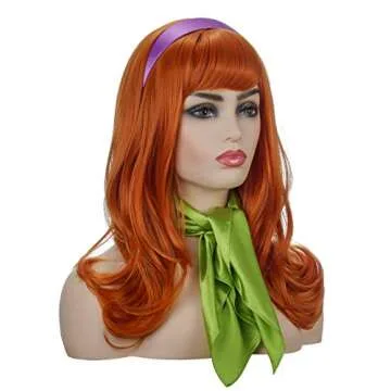 Qaccf Long Wavy Full Bang halloween Costume Women Wig with Purple Head bang and Green Scarf (Ginger)