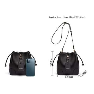 DORIS&JACKY Leather Drawstring Shoulder Bag Small 2 Way Bucket Crossbody Purse For Women (1-Black)