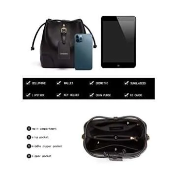 DORIS&JACKY Leather Drawstring Shoulder Bag Small 2 Way Bucket Crossbody Purse For Women (1-Black)