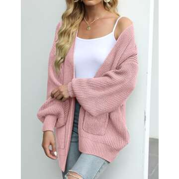 MEROKEETY Women's Fall Open Front Long Lantern Sleeve Cardigan Oversized Chunky Outwear with Pocket Dusty Pink