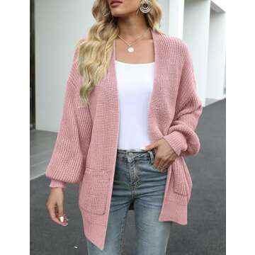 MEROKEETY Women's Fall Open Front Long Lantern Sleeve Cardigan Oversized Chunky Outwear with Pocket Dusty Pink