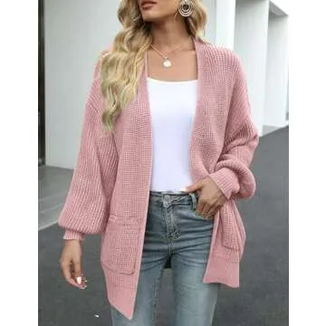 MEROKEETY Women's Fall Open Front Long Lantern Sleeve Cardigan Oversized Chunky Outwear with Pocket Dusty Pink