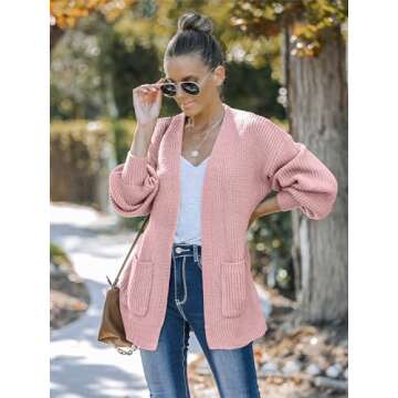 MEROKEETY Women's Fall Open Front Long Lantern Sleeve Cardigan Oversized Chunky Outwear with Pocket Dusty Pink