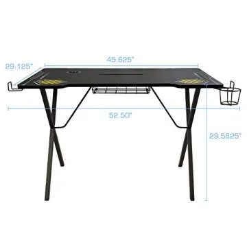 Atlantic Viper 3000 Gaming Desk – Single Laminated Surface, Heavy-Duty Steel X-Legs, Integrated LED, 3 USB 3.0 Ports, Smart Device Slot, Surge Protector Tray, Headset Hooks, PN 33906164 - Black