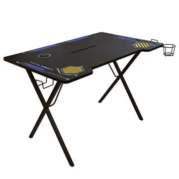 Atlantic Viper 3000 Gaming Desk – Single Laminated Surface, Heavy-Duty Steel X-Legs, Integrated LED, 3 USB 3.0 Ports, Smart Device Slot, Surge Protector Tray, Headset Hooks, PN 33906164 - Black