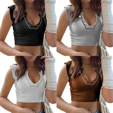 Louatui Sexy Short Sleeve Basic Tee Top for Women Solid Slim Fitted Y2k Baby Tee T-Shirt V-Neck Crop Top Blouse Clothing