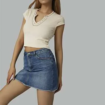 Louatui Sexy Short Sleeve Basic Tee Top for Women Solid Slim Fitted Y2k Baby Tee T-Shirt V-Neck Crop Top Blouse Clothing