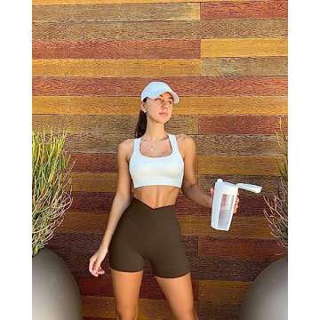 OQQ Women's 3 Piece Yoga Shorts Ribbed Seamless Workout High Waist Cross Over Athletic Leggings Black Coffee Beige