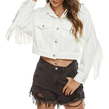 SCOFEEL Women’s Crop Denim Jean Button Down Long Sleeve Jacket with Fringe