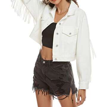 SCOFEEL Women’s Crop Denim Jean Button Down Long Sleeve Jacket with Fringe