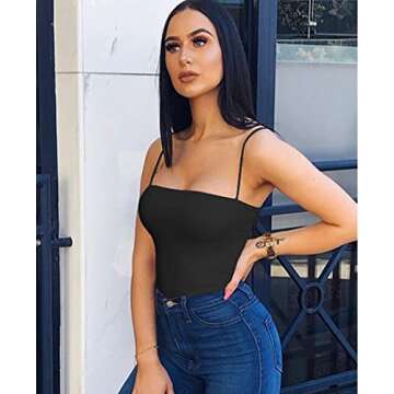 BEAGIMEG Women's Spaghetti Strap Bodysuits Tops Back Adjustable Solid Basic Leotard Black