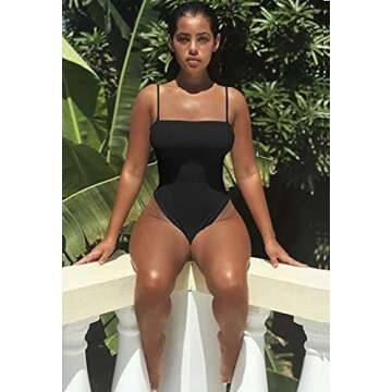 BEAGIMEG Women's Spaghetti Strap Bodysuits Tops Back Adjustable Solid Basic Leotard Black