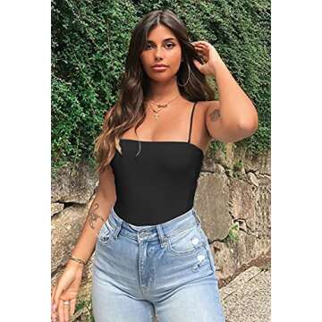 BEAGIMEG Women's Spaghetti Strap Bodysuits Tops Back Adjustable Solid Basic Leotard Black