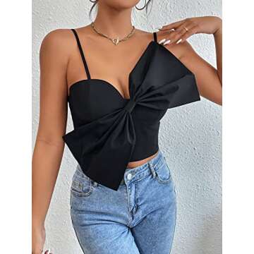 OYOANGLE Women's Cute Solid Bow Front Spaghetti Strap Shirred Back Crop Cami Tank Top Black XS