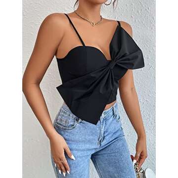 OYOANGLE Women's Cute Solid Bow Front Spaghetti Strap Shirred Back Crop Cami Tank Top Black XS