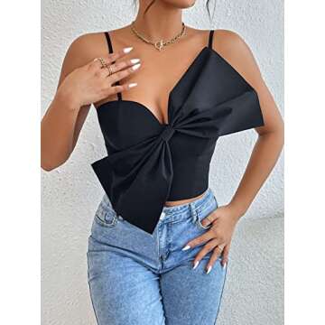 OYOANGLE Women's Cute Solid Bow Front Spaghetti Strap Shirred Back Crop Cami Tank Top Black XS