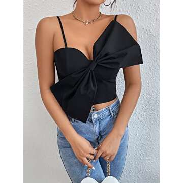 OYOANGLE Women's Cute Solid Bow Front Spaghetti Strap Shirred Back Crop Cami Tank Top Black XS