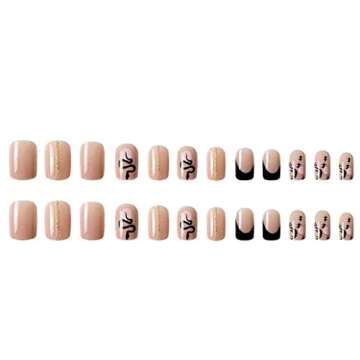Foccna Square Press on Nails Black Fake Nails Tips Snake Women's French False Nails Medium Glossy Daily Wear Artificail Nails for Nail Art Manicure Decoration,24pcs