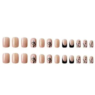 Foccna Square Press on Nails Black Fake Nails Tips Snake Women's French False Nails Medium Glossy Daily Wear Artificail Nails for Nail Art Manicure Decoration,24pcs