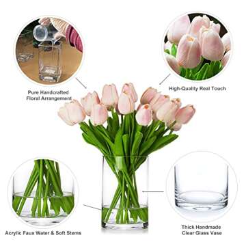 ENOVA FLORAL 20 Pieces Pink Tulips Artificial Flowers Real Touch in Vase, Fake Tulips Arrangements with Vase and Faux Water for Home Decoration, Dining Table, Wedding Centerpieces (Pink)