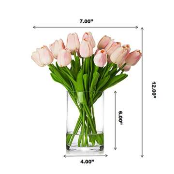 ENOVA FLORAL 20 Pieces Pink Tulips Artificial Flowers Real Touch in Vase, Fake Tulips Arrangements with Vase and Faux Water for Home Decoration, Dining Table, Wedding Centerpieces (Pink)