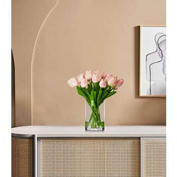 ENOVA FLORAL 20 Pieces Pink Tulips Artificial Flowers Real Touch in Vase, Fake Tulips Arrangements with Vase and Faux Water for Home Decoration, Dining Table, Wedding Centerpieces (Pink)