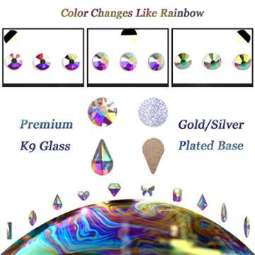 AB Crystal Rhinestones Set (1728+100Pcs), Round & Multi-Shape AB Glass Rhinestone, Flatback AB Crystals for Nails, Clothes, Face, Jewelry | Aurora Borealis