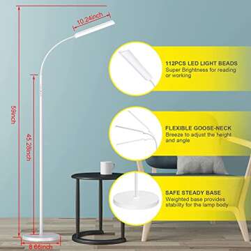 Dimunt Floor Lamp, Bright 15W Floor Lamps for Living Room with 1H Timer, Dimmable LED Floor Lamps 3000K-6000K & Tall Standing Lamp with Remote & Touch Control Reading Floor Lamps for Bedroom-White