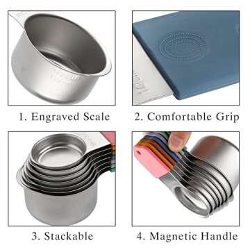 Magnetic Measuring Cups and Spoons Set Including 7 Stainless Steel Heavy Duty Measuring Cup 8 Double Sided Measuring Spoons with 1 Leveler for Dry and Liquid Ingredients (Color)