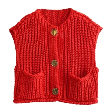 KEOMUD Women Sleeveless Knit Vest with Pockets Red