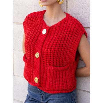 KEOMUD Women Sleeveless Knit Vest with Pockets Red