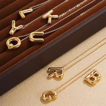 Rhinelife Letter Necklace Bubble Initial Pendant Necklaces for Women Cute Alphabet 14K Gold Plated Design Balloon Puffy Name Personalized Teen Jewelry (L)