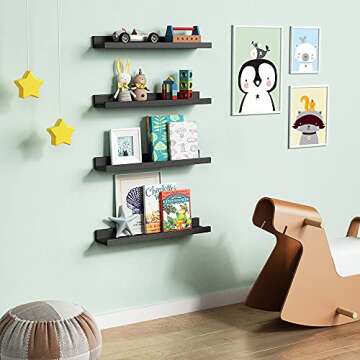 Forbena Black Wood Picture Ledge Shelf 24 Inch Set of 4, Long Floating Shelves for Wall with Lip, Rustic Display Shelves for Living Room Hallway Bedroom Office Photo Frames Bathroom Nail Polish