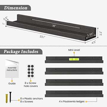 Forbena Black Wood Picture Ledge Shelf 24 Inch Set of 4, Long Floating Shelves for Wall with Lip, Rustic Display Shelves for Living Room Hallway Bedroom Office Photo Frames Bathroom Nail Polish