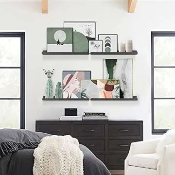 Forbena Black Wood Picture Ledge Shelf 24 Inch Set of 4, Long Floating Shelves for Wall with Lip, Rustic Display Shelves for Living Room Hallway Bedroom Office Photo Frames Bathroom Nail Polish