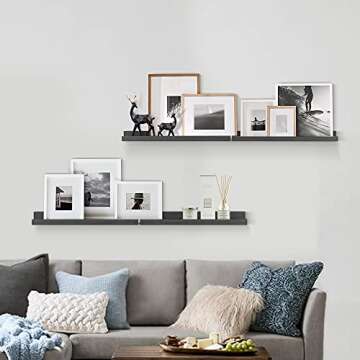 Forbena Black Wood Picture Ledge Shelf 24 Inch Set of 4, Long Floating Shelves for Wall with Lip, Rustic Display Shelves for Living Room Hallway Bedroom Office Photo Frames Bathroom Nail Polish