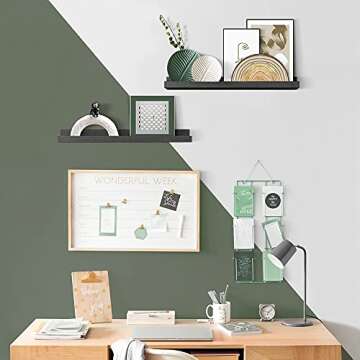 Forbena Black Wood Picture Ledge Shelf 24 Inch Set of 4, Long Floating Shelves for Wall with Lip, Rustic Display Shelves for Living Room Hallway Bedroom Office Photo Frames Bathroom Nail Polish