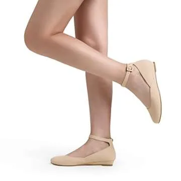 DREAM PAIRS Women's Dress Flats Ballet Low Wedge Round Toe Ankle Strap Comfortable Casual Flats Shoes,Size 6.5,Nude/Nubuck,REVONA